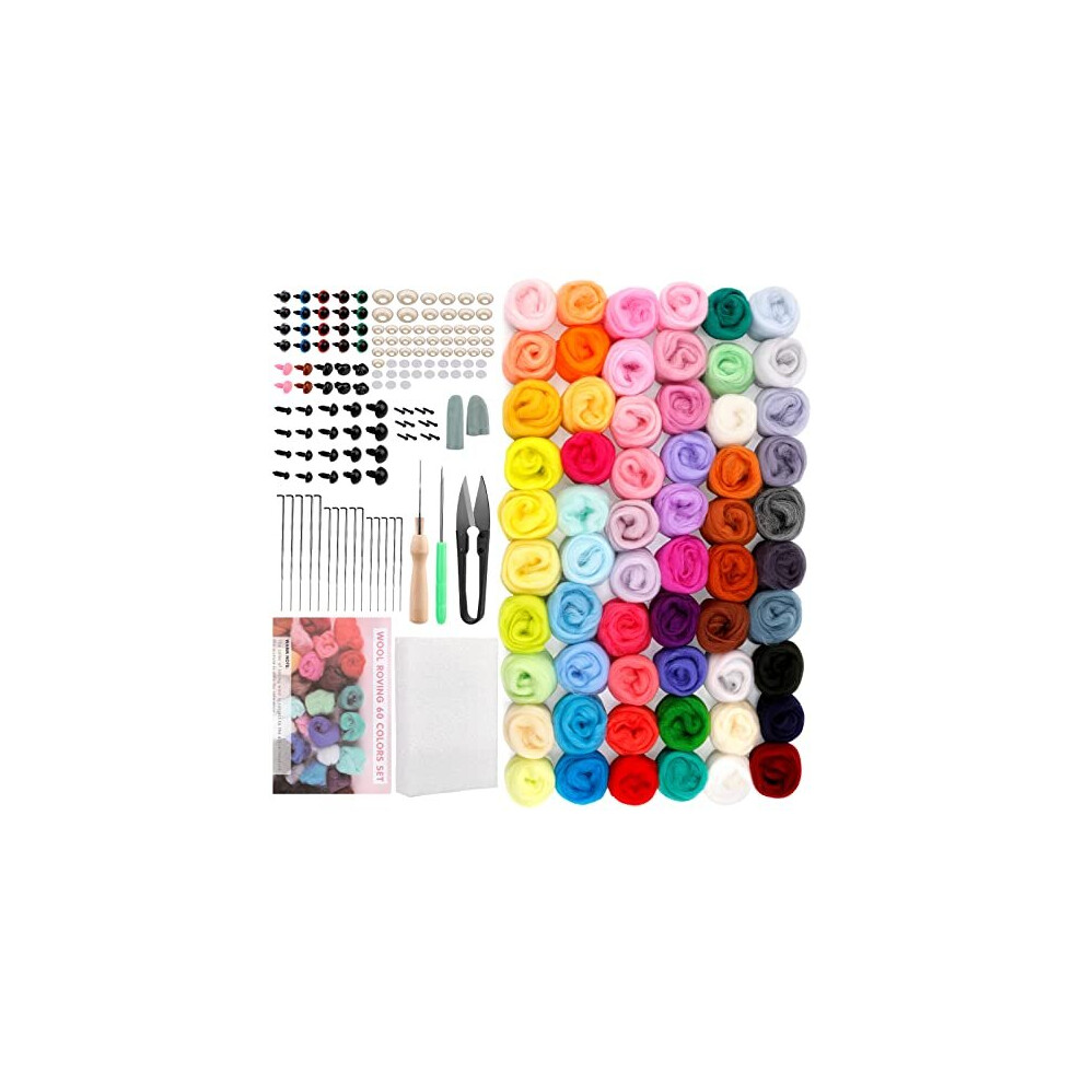 Felting Kit, Needle Felting Kit for Beginner, 60 Colors Wool Roving, Wool Felting Tool Kit with Felting Needles, Foam Mat, Needle Felting Supplies for