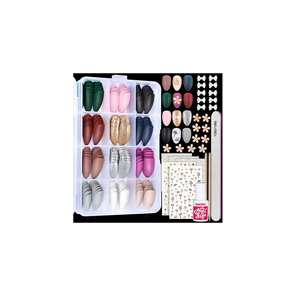 Teenitor 288Pcs Almond Press On Nails With Glue On Nails For Women, Full Cover False Nails Short Set Matte & Glitter Press-On Fake Nails, Coffin False