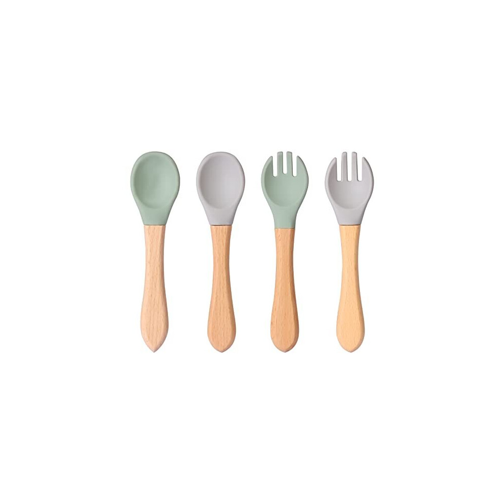 Silicone Baby Fork And Spoon Set, 2Pcs Silicone Forks 2Pcs Silicone Baby Spoons Self Feeding 6+ Months Wooden Handle Baby Led Weaning Spoons Utensils Luter