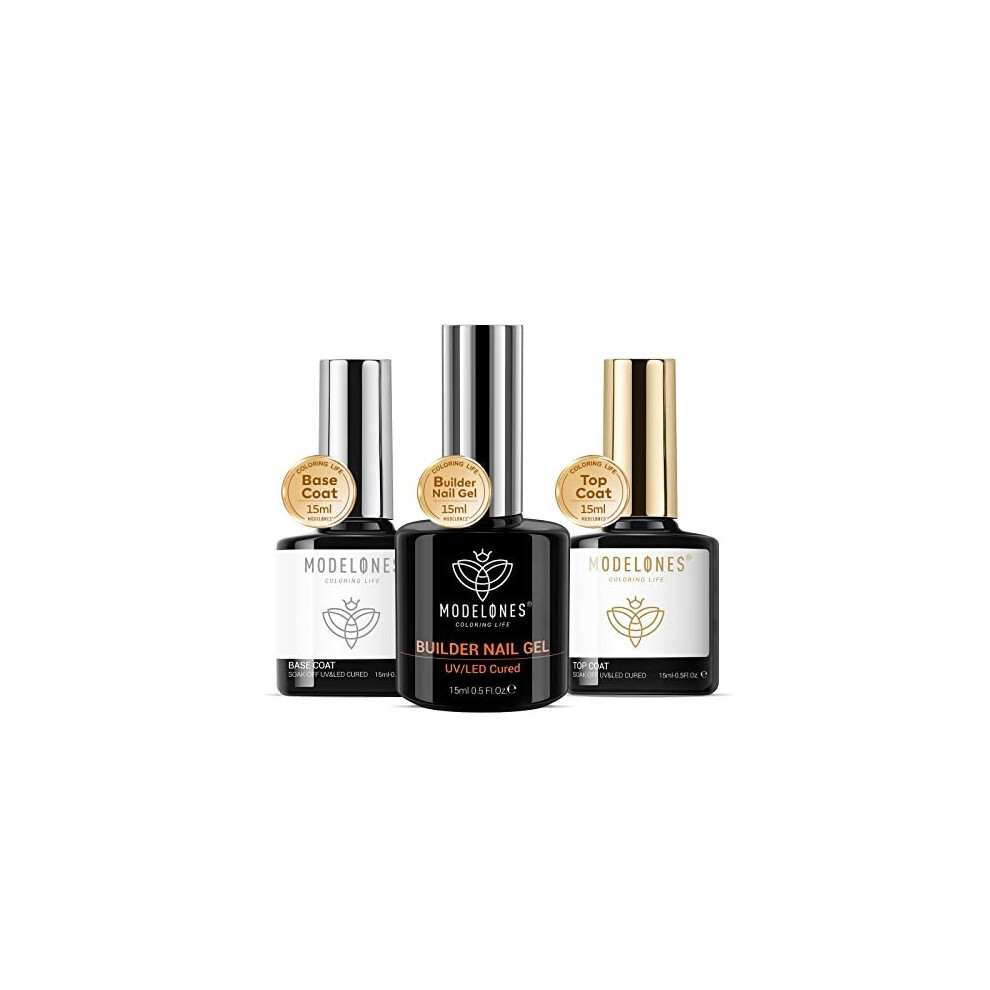 Modelones Builder Gel With Top Coat And Base Coat Set, 3Pcs No Wipe Base And Top Coat Gel Nail Polish With Gel Builder For Nails, Hard Gel Nail Strengthener