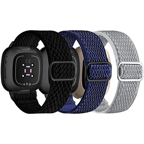 3 Pack Elastic Nylon Straps Compatible for Fitbit Versa 4/Versa 3/Sense 2/Sense Strap, Stretchy Adjustable Fabric Breathable Replacement Straps for