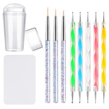 Silicone Nail Stamper Set, French Tip Nail Stamp Jelly with Scraper, 3PCS Nail Detail Brush Set Nail Art Brush Pen, 5PCS Nail Dotting Pen, French Tip