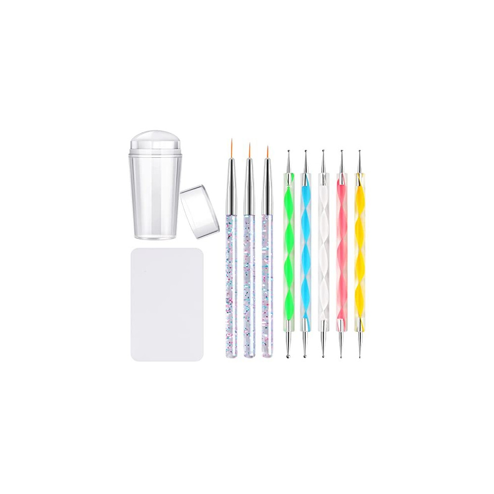 Kalolary Silicone Nail Stamper Set, French Tip Nail Stamp Jelly With Scraper, 3Pcs Nail Detail Brush Set Nail Art Brush Pen, 5Pcs Nail Dotting Pen, French Tip