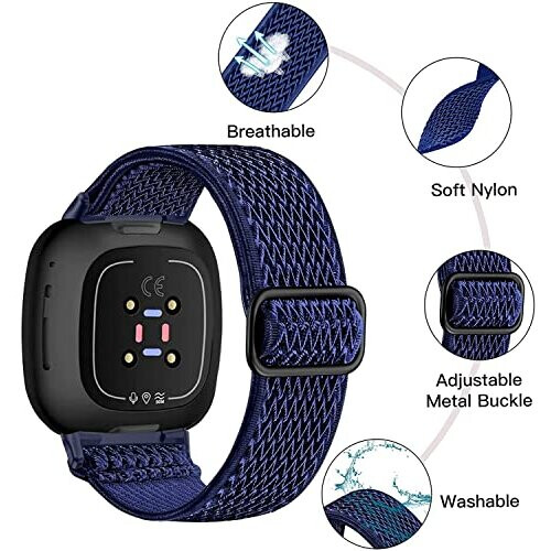 3 Pack Elastic Nylon Straps Compatible for Fitbit Versa 4/Versa 3/Sense 2/Sense Strap, Stretchy Adjustable Fabric Breathable Replacement Straps for 1