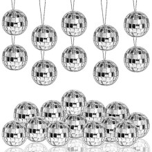 Disco Ball Pack of 20 Silver Hanging Mirror Disco Balls Silver Mini Disco Balls Ornaments Reflective Mirror Ball Cake Decoration with Rope Christmas
