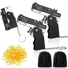 2 Pcs Collapsible Rubber Band Gun Toy with 120 Pcs Soft Elastic Rubber Bands Metal Folding Rubber Launcher Toy Keychain Portable Rubber Band Shooter