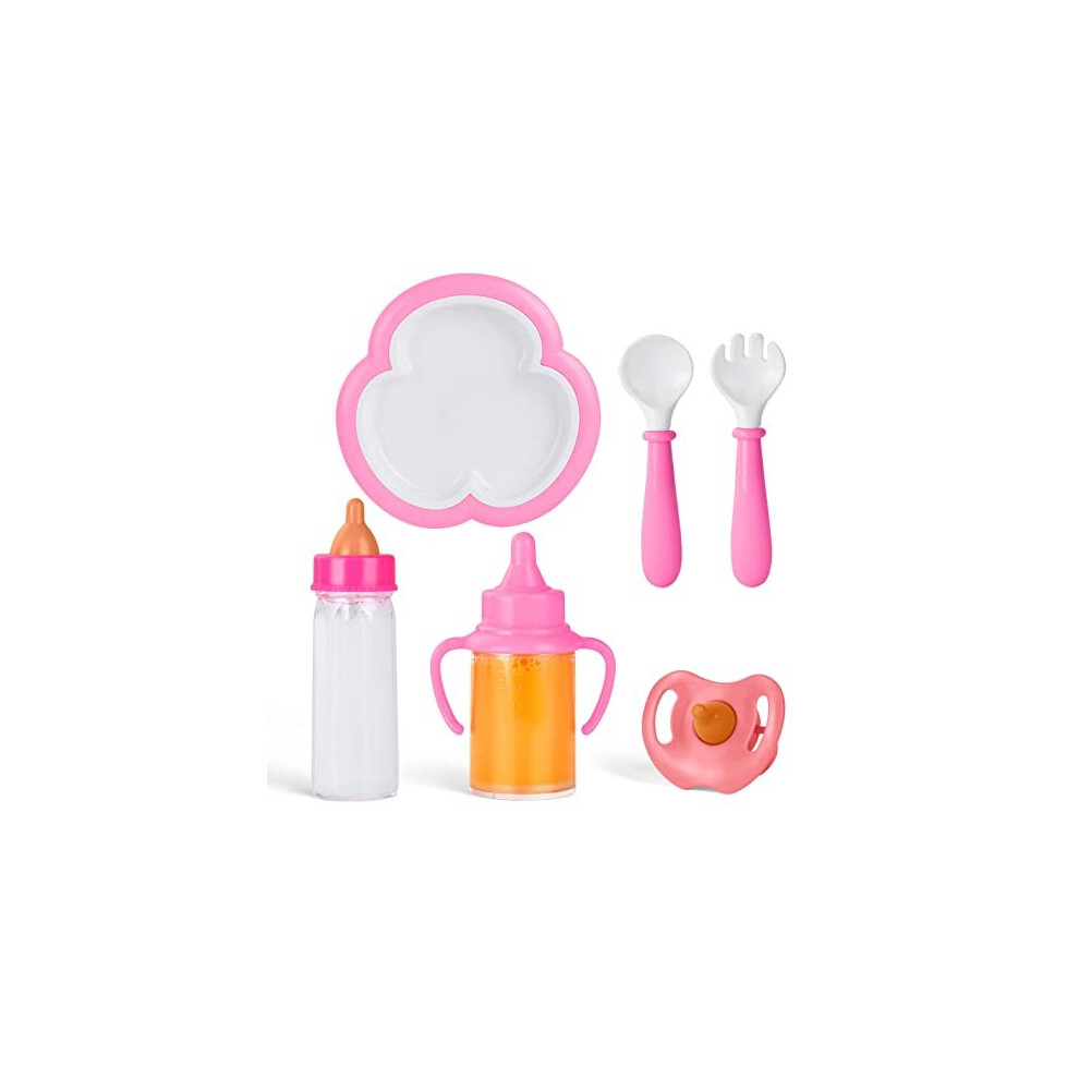6 Pcs Baby Doll Feeding Set, 2 Pcs Magic Baby Doll Milk Bottle and 1 Pcs Dummy, Spoons and Forks and 1 Dinner Plate, Baby Doll Feeding Accessories,