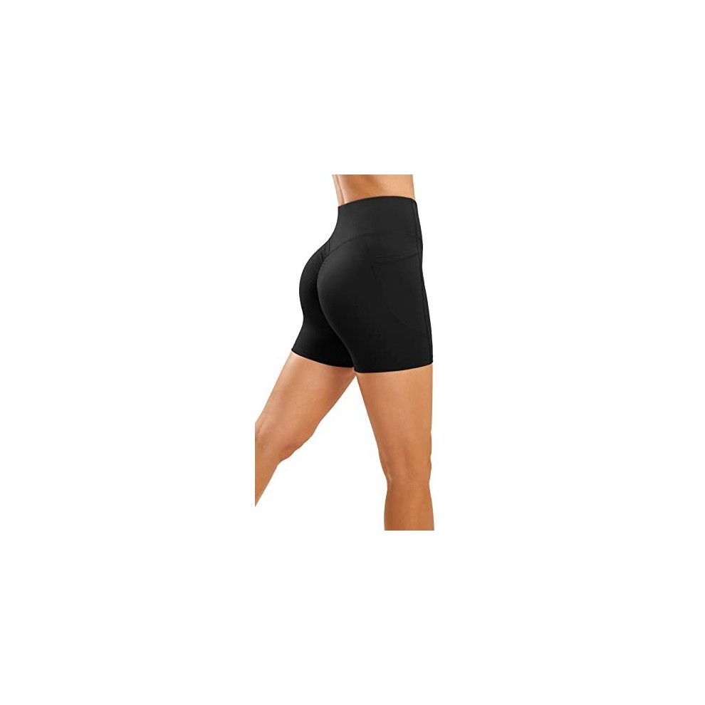 Womens High Waisted Gym Shorts - Butt Lifting, Running Yoga Black Cycling Booty Workout Shorts with Pockets for Women - Black - S