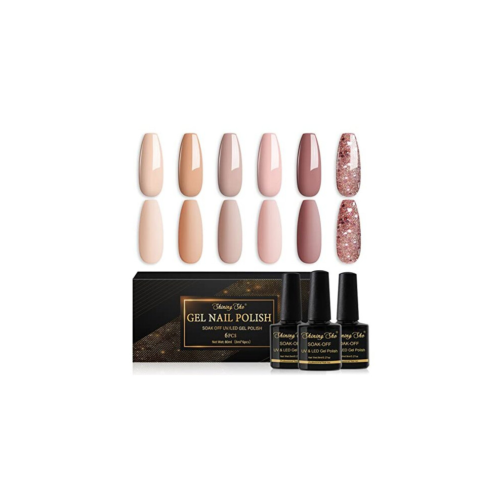 Shining She Gel Nail Polish, 6 Colours Nude Pink Champagne Glitter Gold Pastel Gel Polish Set Soak-Off Uv/Led Nail Polish Gel Gift For Nail Art Salon Diy Home, Pink,Cream,Gold