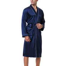 Men's Satin Robe Kimono Dressing Gown Silk Lightweight Long Sleeve Bathrobe with Belt and Pockets Night Robe for Wedding Party Blue XXL