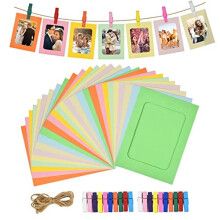 30Pcs Paper Photo Frames with Clips and Hemp Ropes, Hanging Album Frame, 6x4 inch Kraft Cardboard Picture Frames Mats for Home School Office Wall