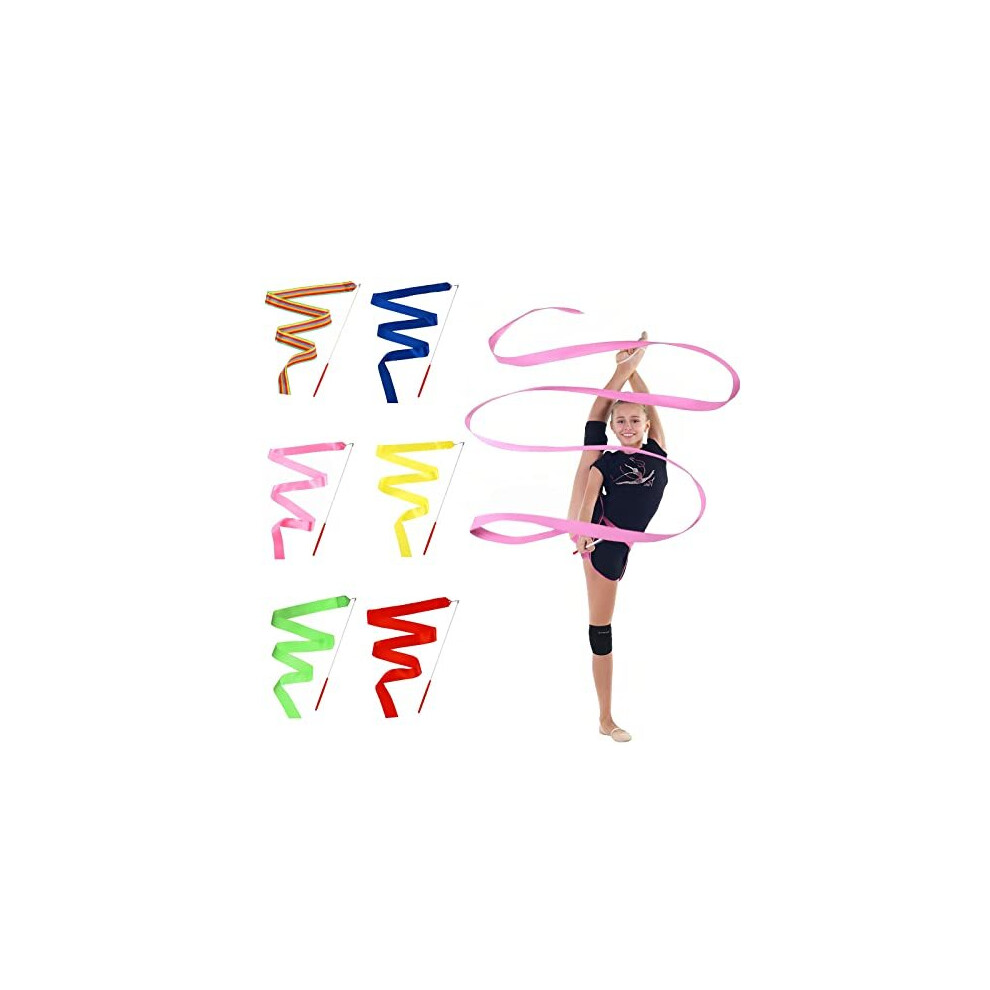 6Pcs Gymnastics Ribbon Artistic Streamer Dance Ribbons Baton Twirling Ribbonon Gym Dance Ribbons for Kids Ribbon Wand Gymnastic Ribbons on Sticks
