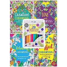Colour Therapy Anti-Stress Adult Colouring Books Set of 4 + 20 Premium Colouring Pencils - Choose Your Set (SET 5)
