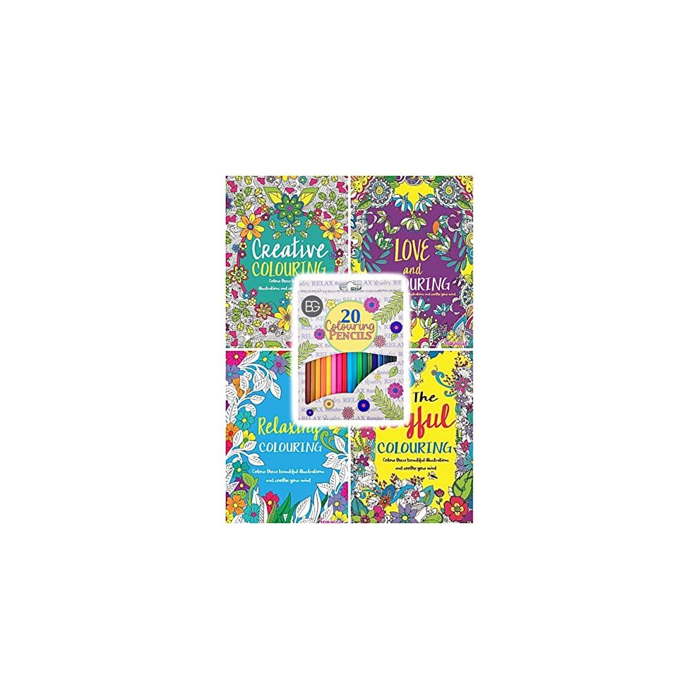Colour Therapy Anti-Stress Adult Colouring Books Set of 4 + 20 Premium Colouring Pencils - Choose Your Set (SET 5)