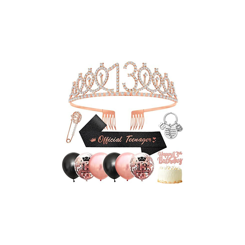 13th Birthday Gifts for Girls,13th Birthday Decorations Girls 13th Birthday Sash and Tiara,13th Tiara Crown,Glitter Birthday Sash,Black Rose Gold