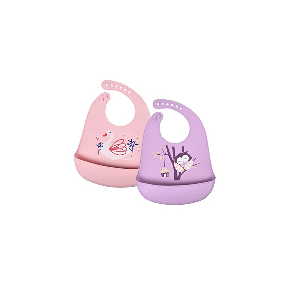 Silicone Baby Bib, 2Pcs Baby Weaning Bibs, Adjustable Waterproof Baby Feeding Bibs With Food Catcher Pocket, Unisex Soft And Easily Wipe Clean For Vicloon