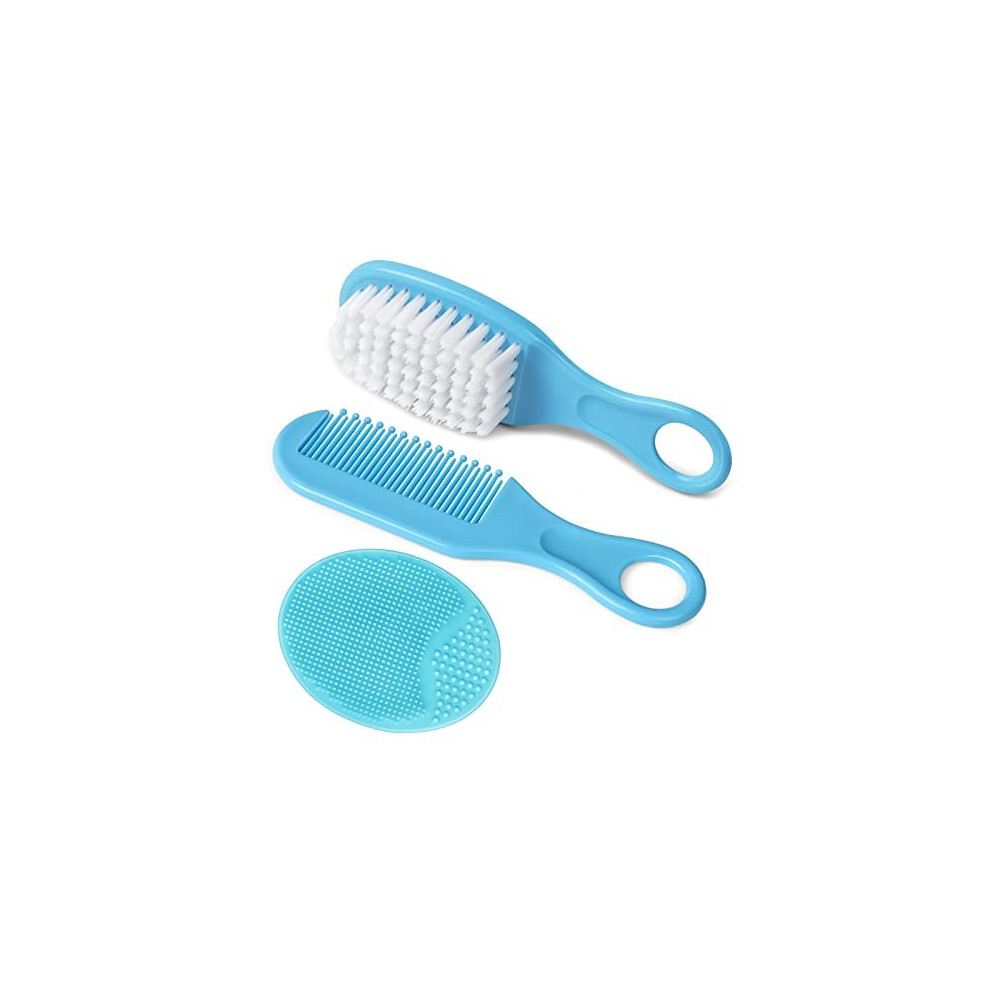 Baby Hair Brush, 3PCS Baby Hair Brush and Comb Set, Cradle Cap Brush and Baby Hair Comb for Newborns & Toddlers, Perfect Baby Registry Gift, Blue