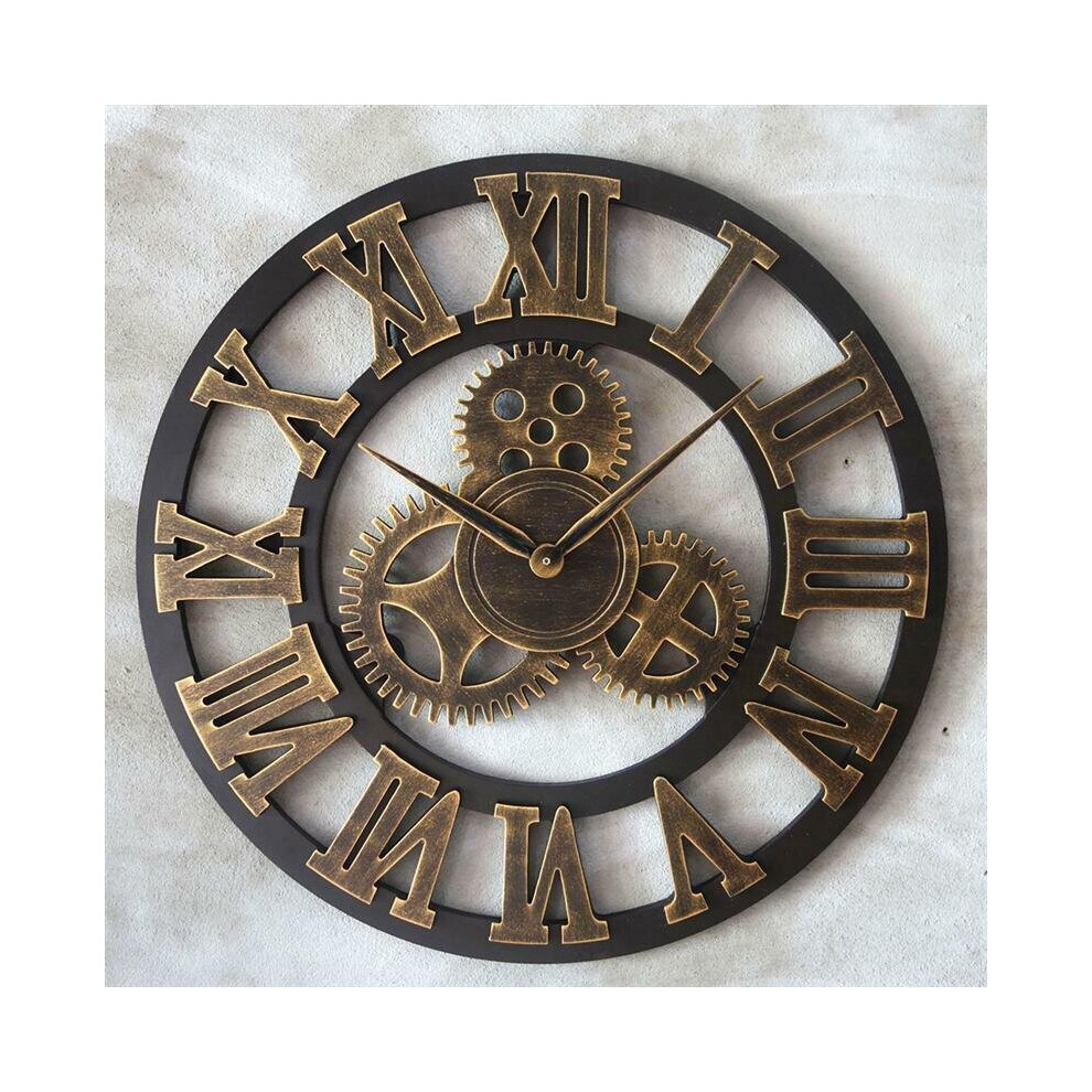 60CM Golden Skeleton Roman Numerals Wall Clock - Open Face Round, Silent Quartz Movement