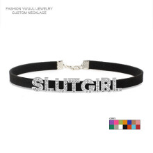 (Black) Rhinestone Letter Slut Girl Necklace for Women Bad Words Choker Leather Collar Cosplay Sexy Jewelry Gift