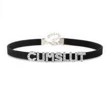 (Black, 70cm) Unique Rhinestone Letters CUMSLUT Choker Collar Women Men Goth Chocker Adult Cosplay Sexy Words Necklace Slutty Jewelry