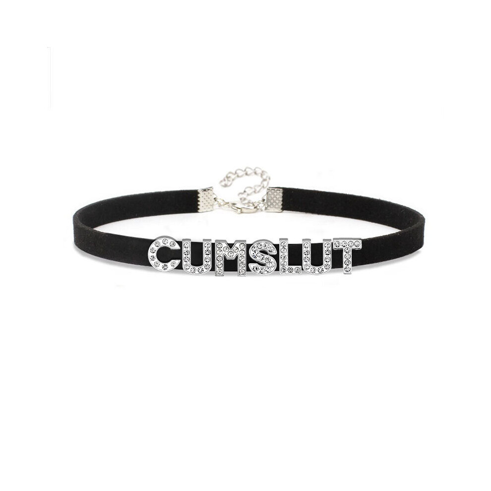 (Black, 35cm) Unique Rhinestone Letters CUMSLUT Choker Collar Women Men Goth Chocker Adult Cosplay Sexy Words Necklace Slutty Jewelry