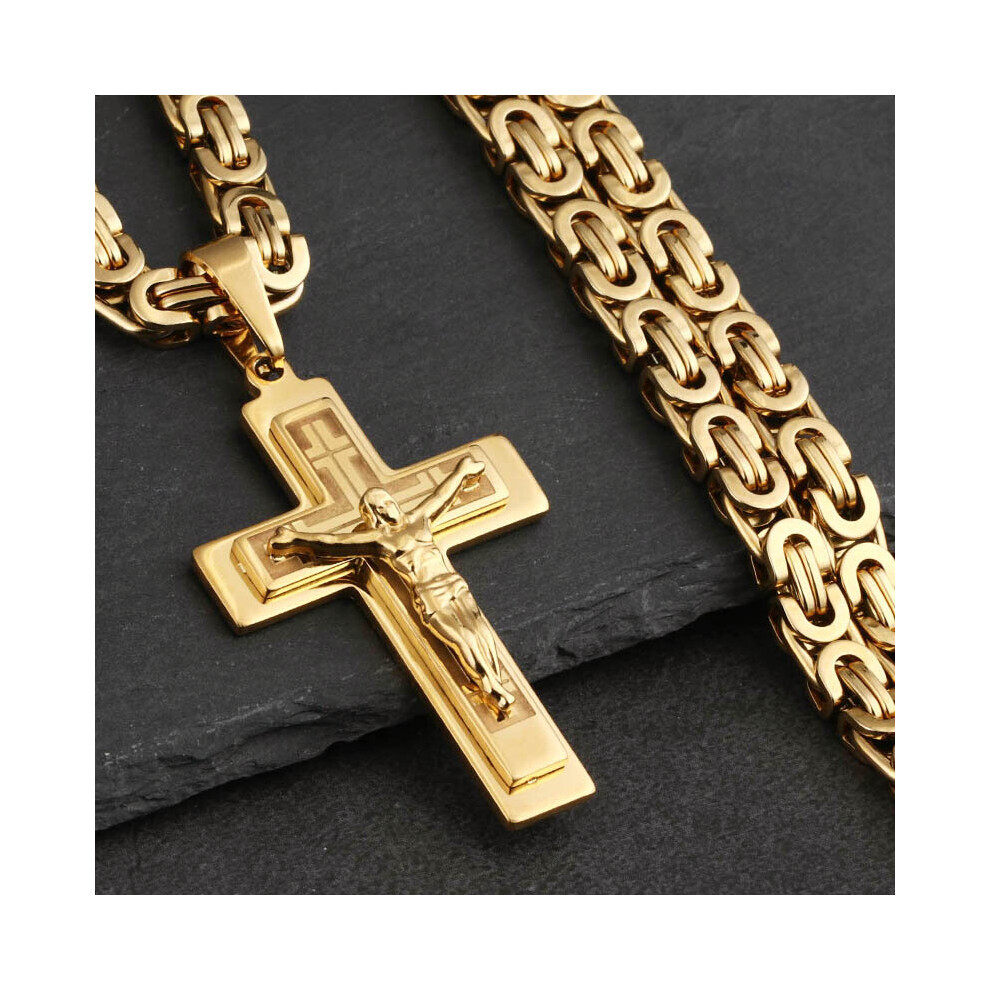 (Light Yellow Gold Color, 55cm) Jesus Cross Long Byzantine Chain Stainless Steel Necklaces Pendants for Men Christian Crucifix Necklace Religious Jewelry colar