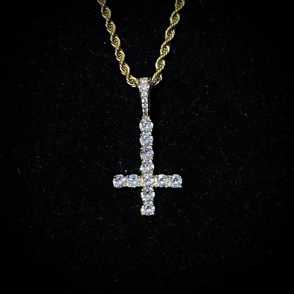 (White, 70cm) Upside Down CROSS Pendant High Iced Out Cubic Zirconia Men's Necklace Hip Hop Jewelry For Gift
