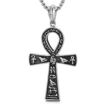 (Steel color, 50cm) Ancient Egyptian Ankh Cross Necklace Stainless Steel Color/ Silver Biker Pendant Amulet Egyptian Jewelry