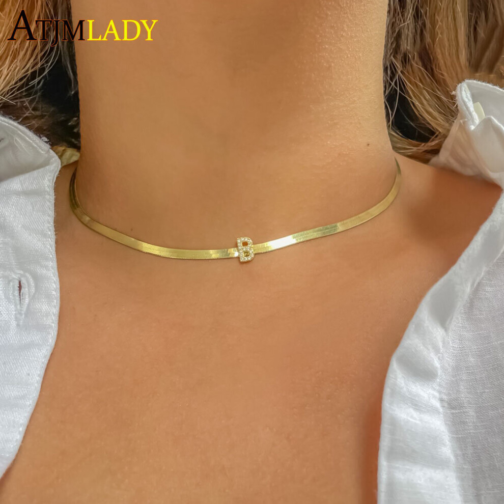 (Gold-color, Gold) Arrived A-Z Letters Necklace For Women 26 Initials CZ Pendant 4mm Snake Chain Flat Herringbone Choker Jewelry