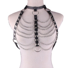 PU Leather Harness Goth Punk Multiayer Chains Bondage Halterneck Beach Collar Gothic Waist Shoulder Body Necklace for Women
