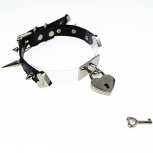 Lolita Spikes Studs Leather Patchwork Collar Safe heart Lockable KEY Choker Necklace
