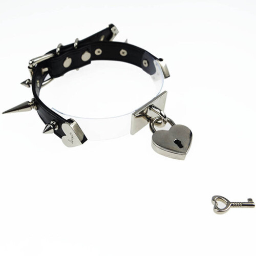 Lolita Spikes Studs Leather Patchwork Collar Safe heart Lockable KEY Choker Necklace
