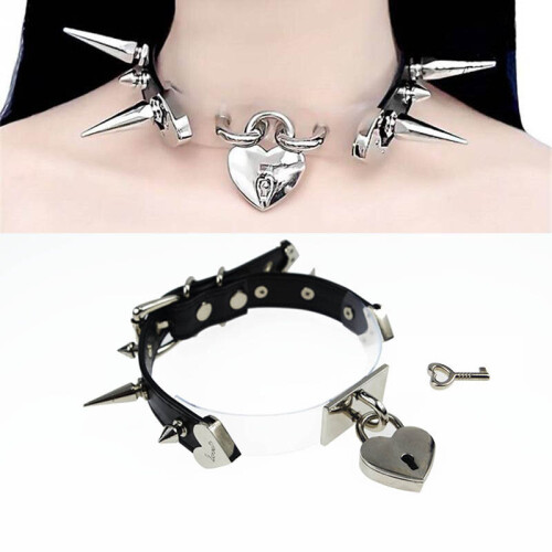 Lolita Spikes Studs Leather Patchwork Collar Safe heart Lockable KEY Choker Necklace 1