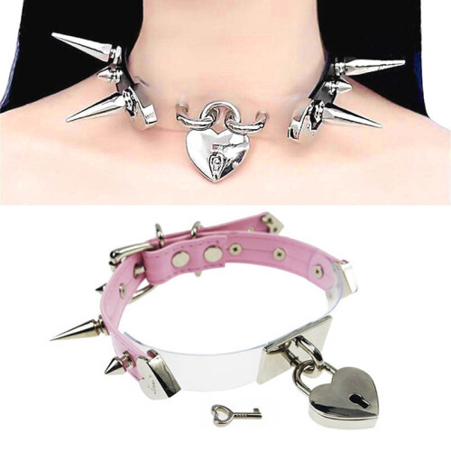 Lolita Spikes Studs Leather Patchwork Collar Safe heart Lockable KEY Choker Necklace 2