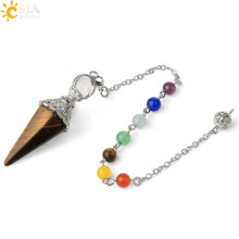 CSJA Natural Stones Pendulum for Dowsing Divination 7 Chakra Chain Hexagonal Column Silver-color Cone Pendant Reiki Pendule G400