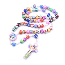 Colorful Cross Beaded Pendant Necklaces for Boy Girl Child Long Rosary Prayer Christian Religious Men Kids Jewelry