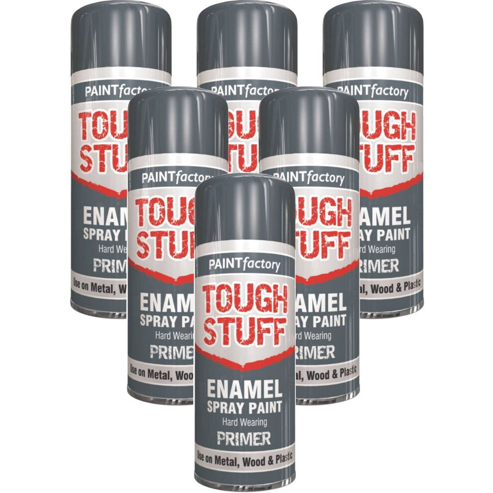 6 x 400ml Tough Stuff Enamel Grey Primer Spray Paint Wood Metal DIY
