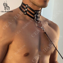 Men's Leather Necklace Set Bdsm Neck Harness Gay Sissy Slave Leash Gothic Cosplay Jewelry Body Bondage Collar Straps Sex Props