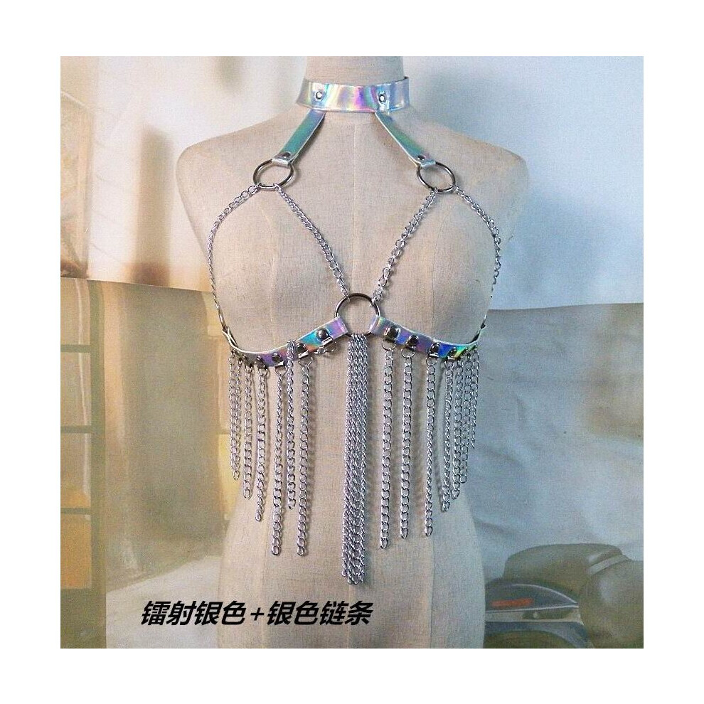 Multicoloured 100% Punk Gothic Chain Metal Holographic Bra Top Harness Straps Hologram Rainbow Pvc Vinyl Bondage Waist Belt