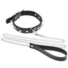 Womens Man Bondage Necklace Sexy Rivet Metal PU Leather Collar Traction Rope, Neckband For Couple