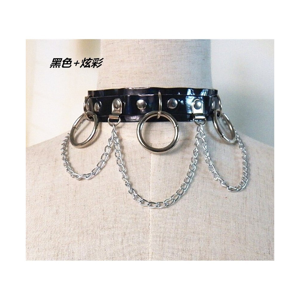 Multicoloured Choker Punk Laser Holographic Leather Collar Belt Necklace Spikes Chain Torques Club Party Two Layers