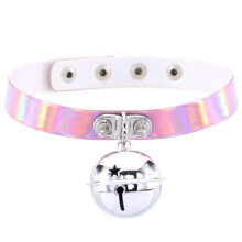 Harajuku Holographic Leather Bell Pendant Collar Necklace Goth PU Leather Choker Bondage Sexy Gift Club Jewelry Party Nightclub