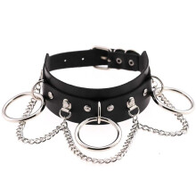 Woman Man Punk Leather Bondage Collar With Large 3 Rings Choker Chains O Ring Slave Collar