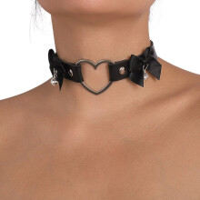 41QC Leather Bowknot Heart Choker Collar Gothic Punk Rock Choker Collar Necklace