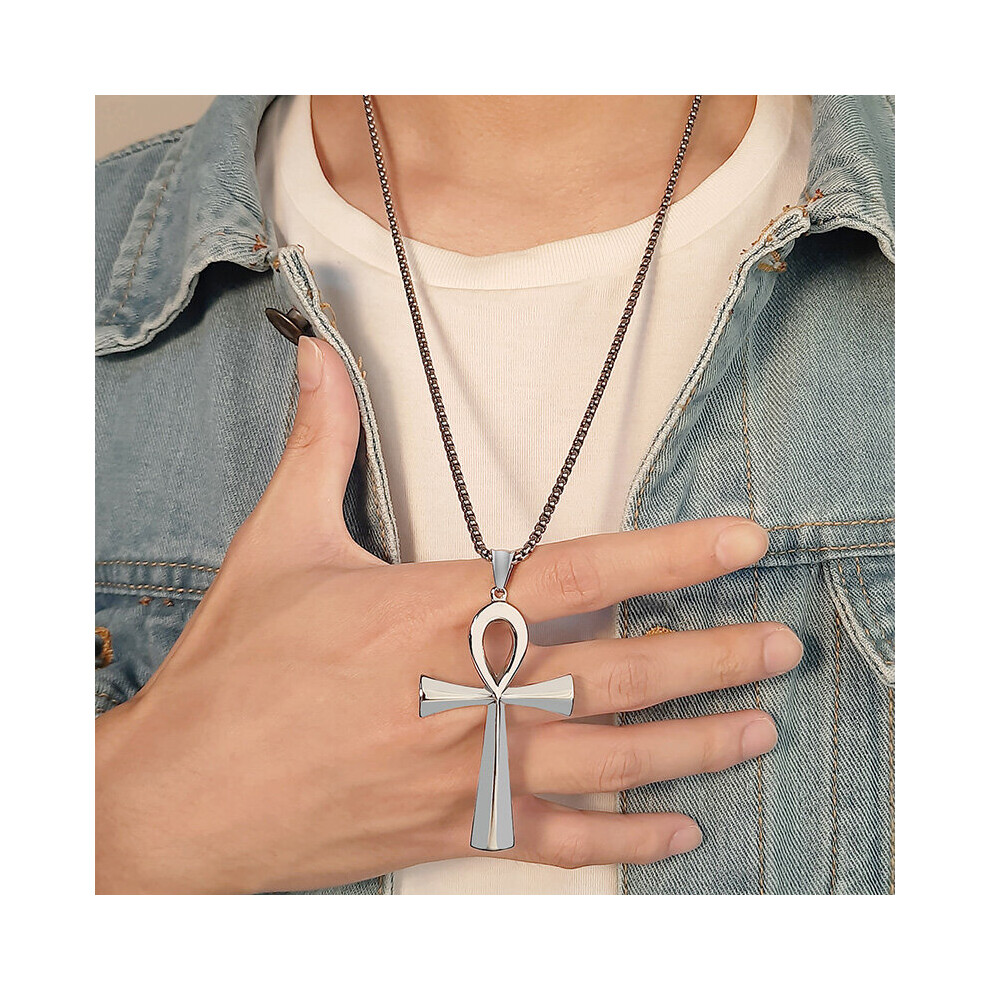 (Steel Color, 70Cm) Religion Egyptian Ankh Crucifix Necklaces Stainless Steel Symbol Of Life Cross Pendants Prayer Jewelry Multicoloured