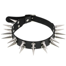 Long Spiked Choker Collar For Girl Leather Goth Necklace Punk Chocker Gothic Accessories Cosplay Jewelry BDSM Metal Hoop