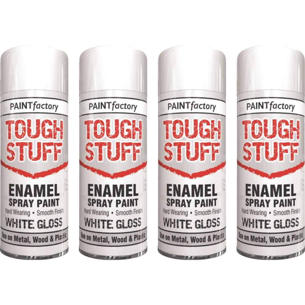 4 x 400ML Tough Stuff Enamel Spray Paint White Gloss Metal Wood Arts