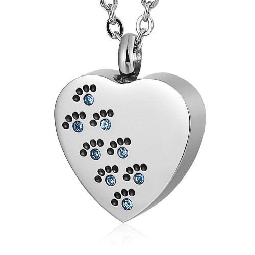 (Black) Paw Prints on Love Heart with Birthstone Urn Necklace for Ashes ...