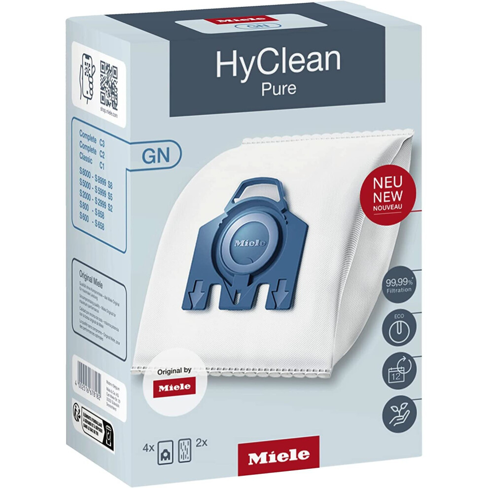 Miele 12281680 Hyclean 3D Efficiency Gn Vacuum Cleaner Bags For Bagged Vacuum Cleaners, Pack Of 4, White