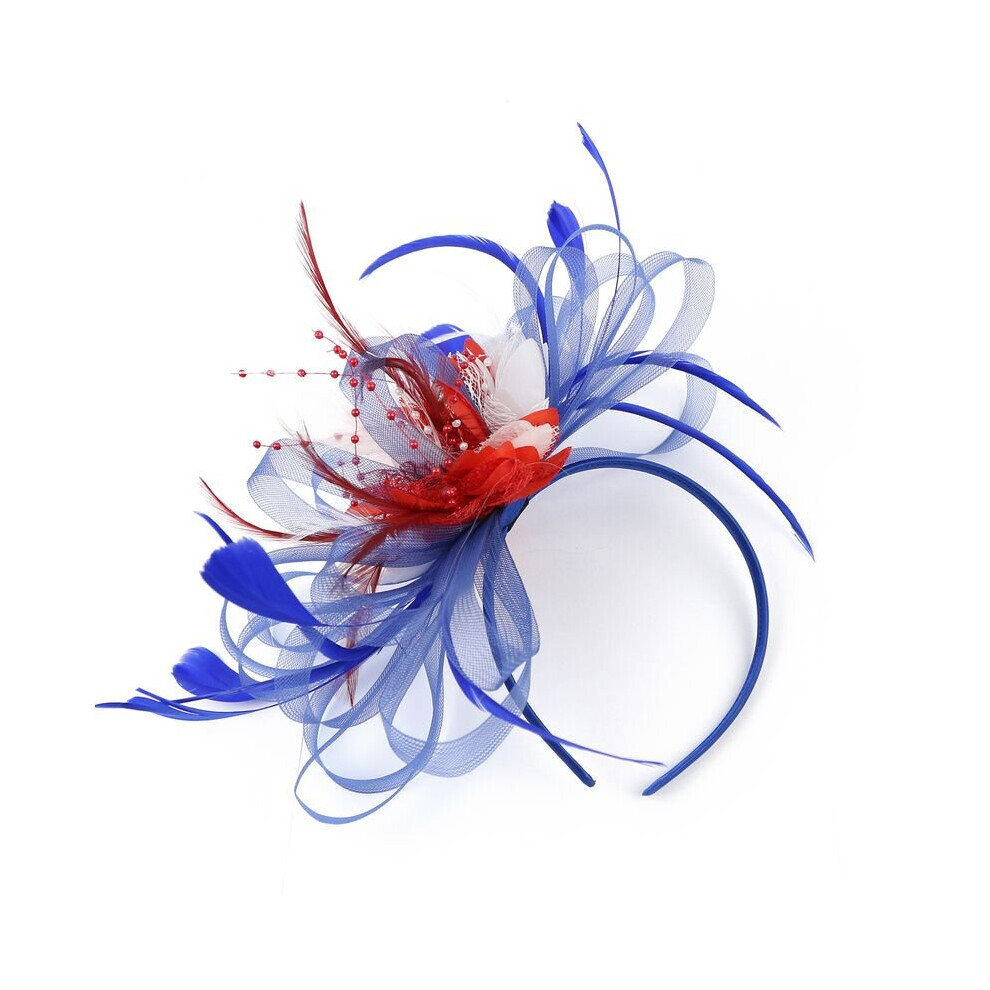 (Blue Red White) Hair Large Feather Fascinator Headband Wedding Ladies Day Races Ascot Royal